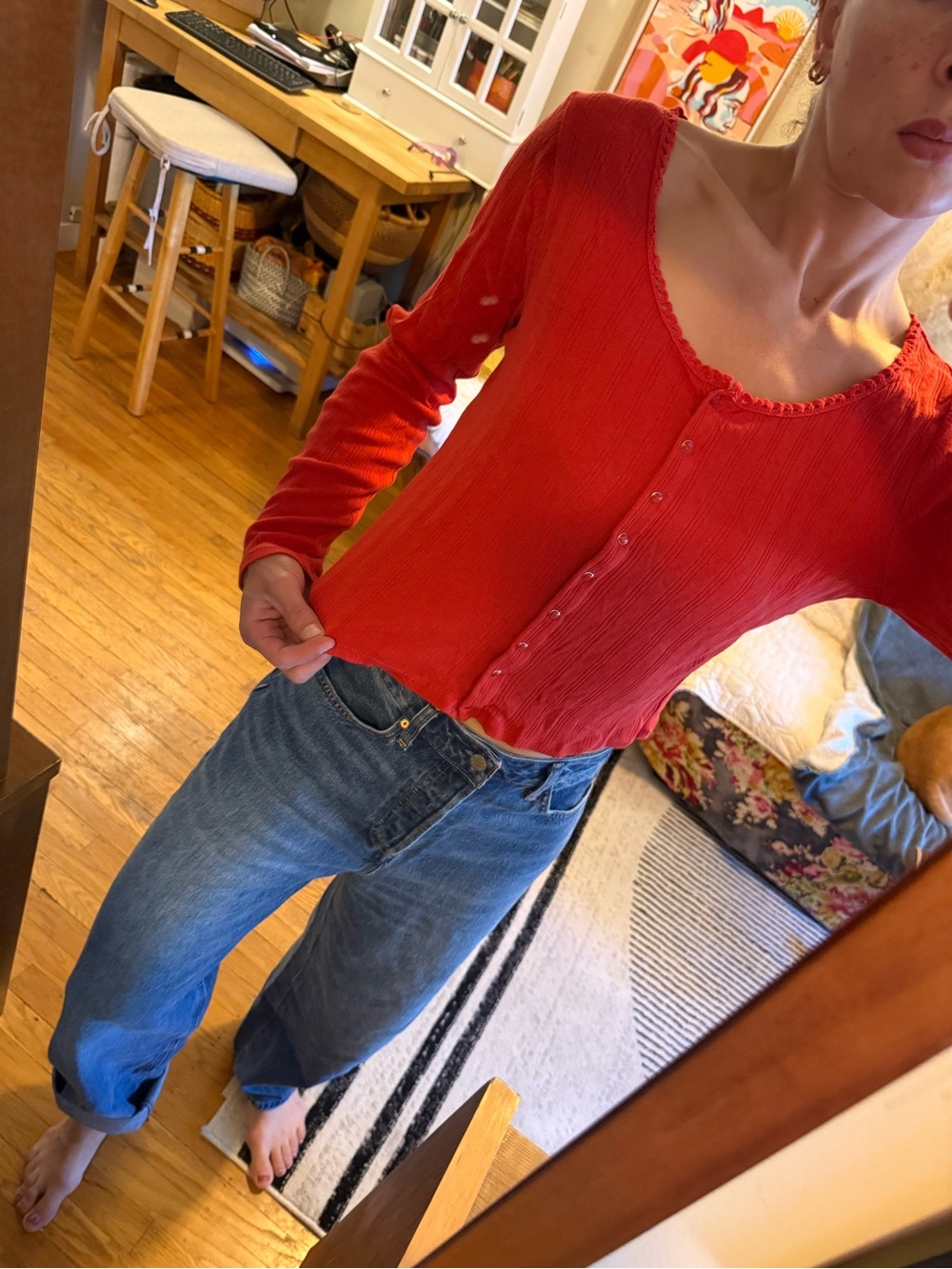 GAP Red Ribbed V-Neck Button-Front Sweater